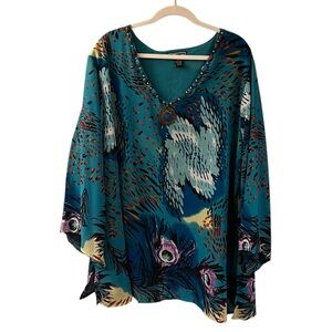 Metro 22 Bead Embellished Peacock Print Blouse